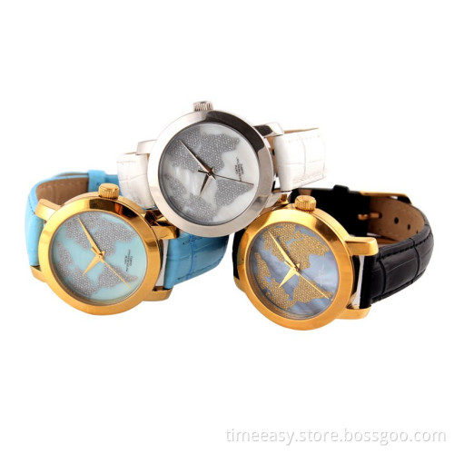 2013 New Rose Gold Plating Leather Band Watch, Watch with World Map Inside, Women Watch